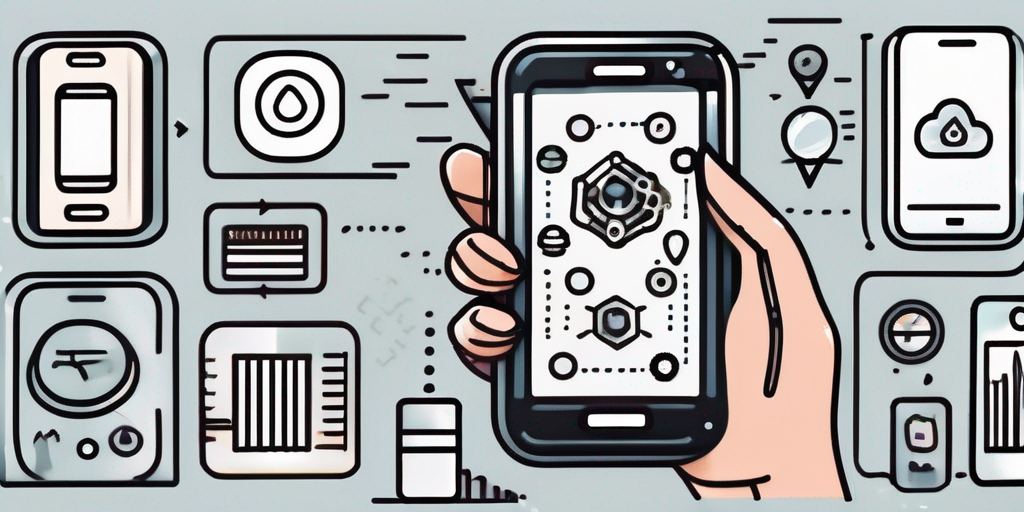 A smartphone surrounded by various icons representing stages of app development such as coding