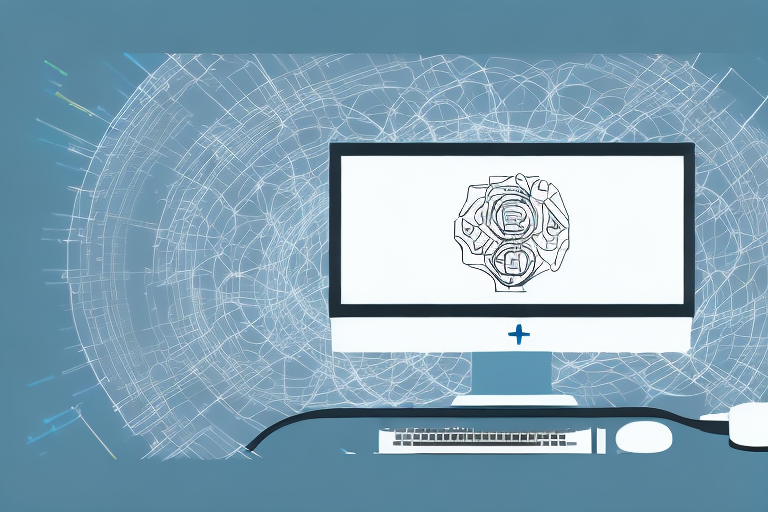 A digital landscape with various symbolic elements like computer mouse