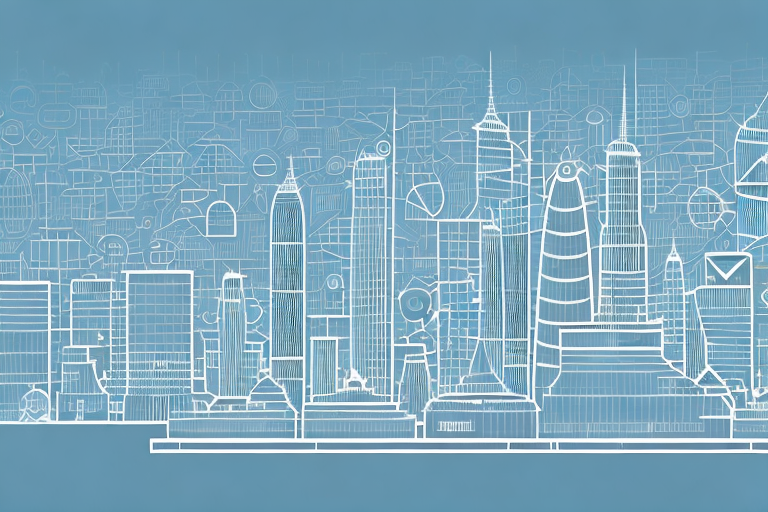 A digital cityscape with various buildings representing different internet agencies