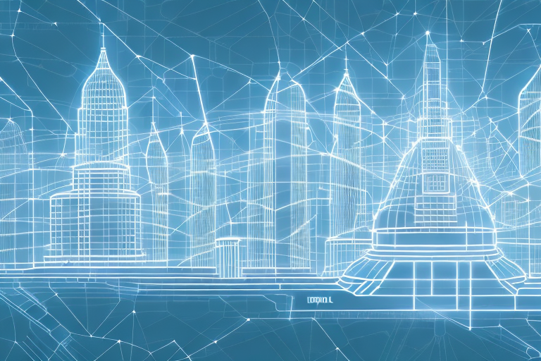 A digital cityscape with various buildings symbolizing internet agencies