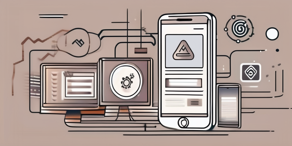 A smartphone displaying a dynamic website with various development tools and coding languages symbols floating around it