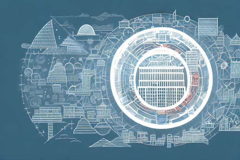 A digital cityscape with various symbolic internet icons