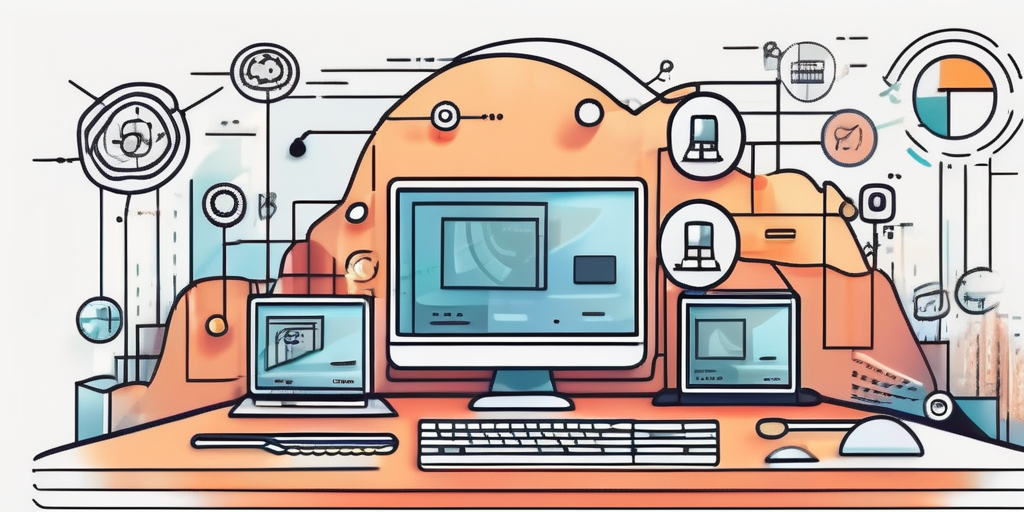 A modern computer with various application icons floating around it