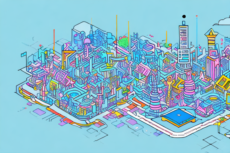 A vibrant cityscape of treffurt with various symbols of digital technology like computers