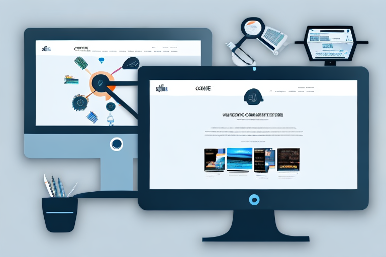 A computer monitor displaying a variety of website templates and design tools