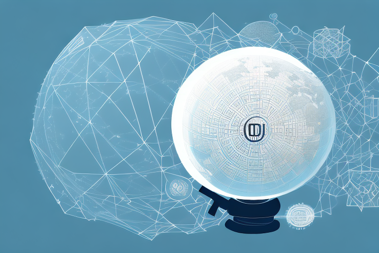 A digital landscape featuring various symbolic elements like a computer