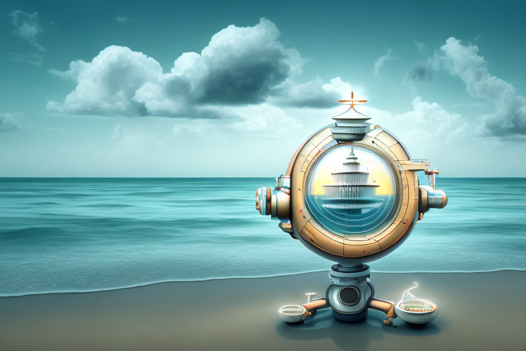 A scenic view of timmendorfer strand with symbolic elements like a computer and tools to represent an internet agency