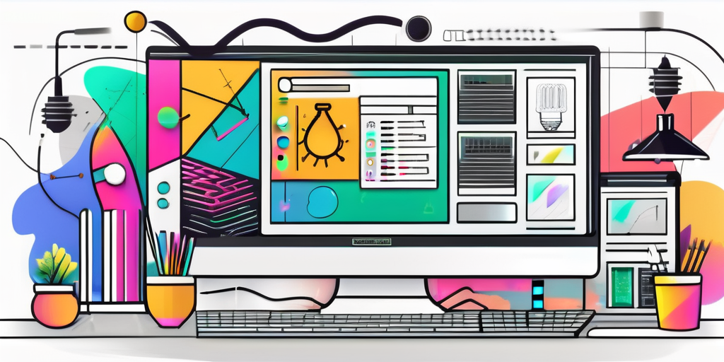 A vibrant and creative workspace filled with various elements like a computer screen displaying html codes