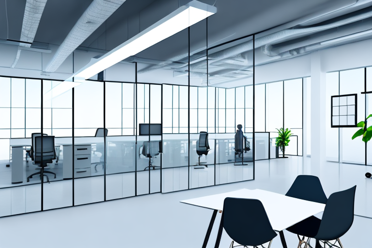 A modern office space filled with computers and graphic design tools