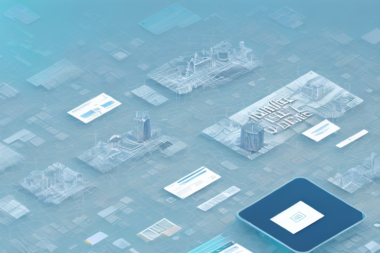 A digital cityscape that subtly incorporates elements of web design and online marketing