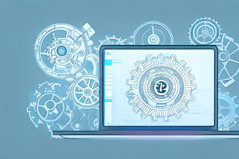A laptop with coding symbols and gears