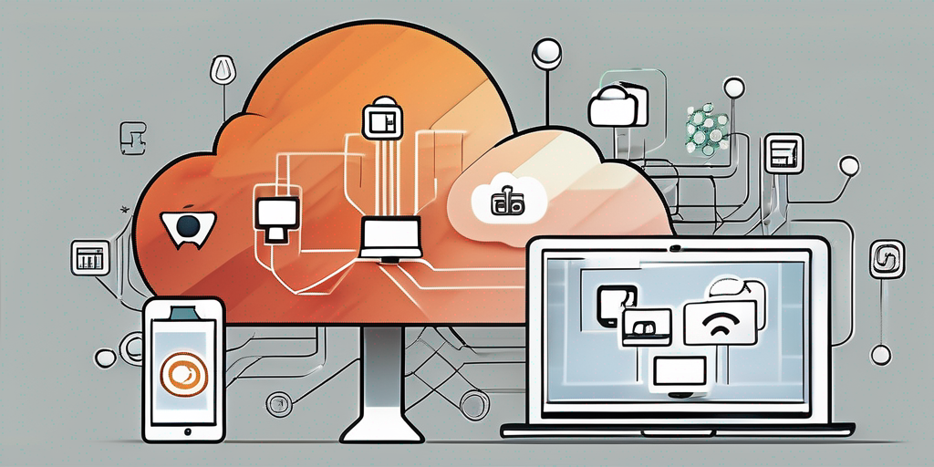 A desktop computer and a smartphone displaying various app icons