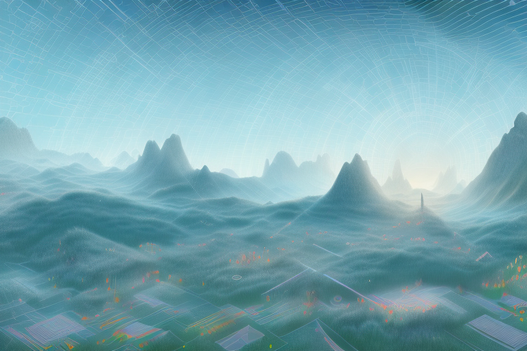 A digital landscape with various symbolic elements like a mouse cursor