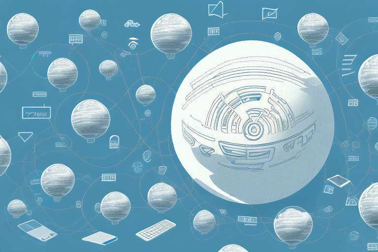 A picturesque tannheim landscape with various symbolic internet icons like a globe