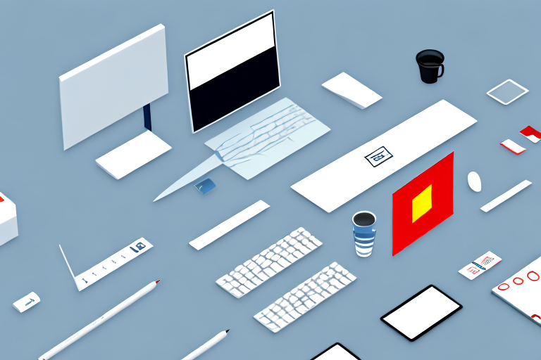 A modern office setting with various digital devices like computers