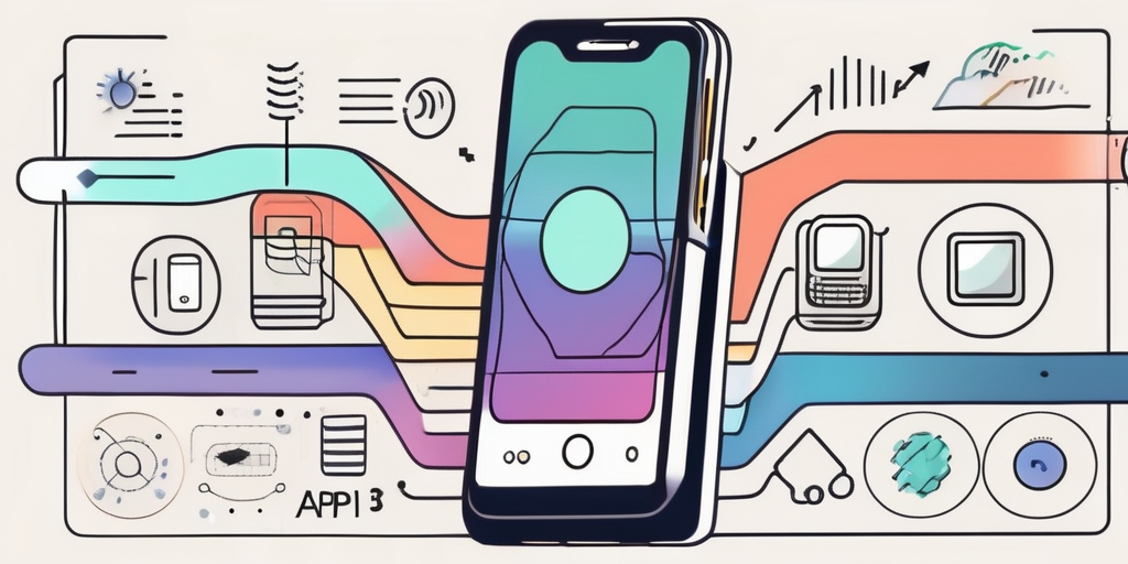 A smartphone with various stages of app development depicted as different layers or components within the phone