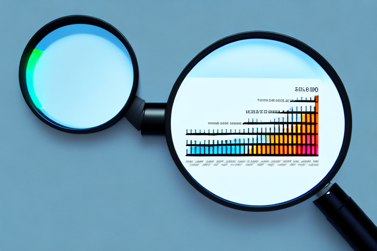 A magnifying glass focusing on a computer screen that displays a bar graph showing increasing trends
