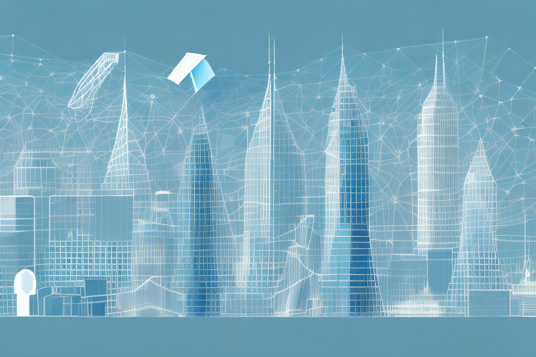 A digital cityscape with various abstract buildings symbolizing different internet agencies