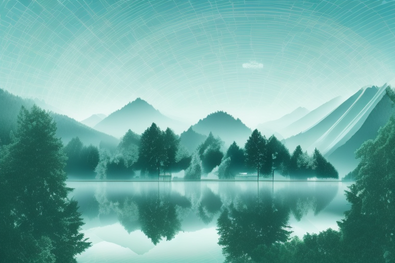 A serene tegernsee landscape with a futuristic digital overlay