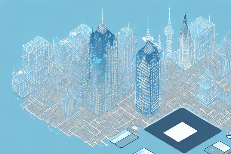 A digital cityscape with various buildings symbolizing different aspects of an internet agency in tasdorf