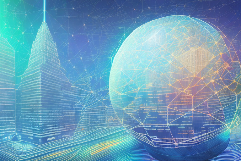 A vibrant digital cityscape with various symbolic elements representing different aspects of an internet agency such as a computer