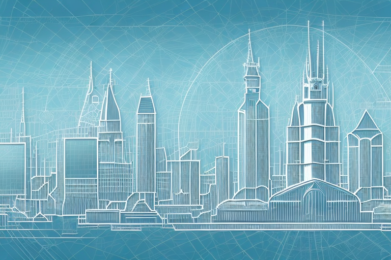 A digital cityscape with various symbolic buildings representing different internet agencies