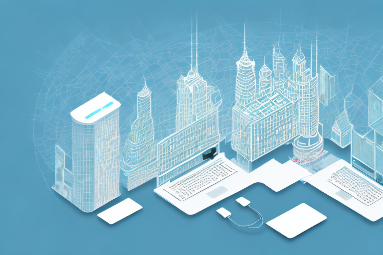 A bustling digital cityscape with various symbolic elements like computer mouse