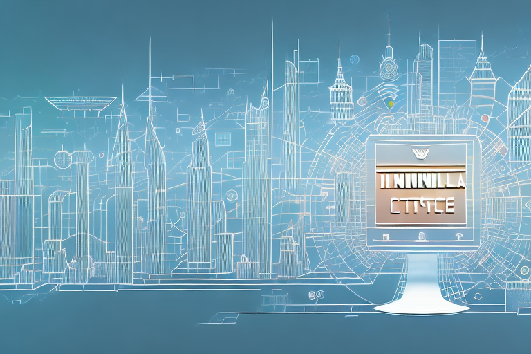 A digital cityscape with various symbolic internet elements like browser windows