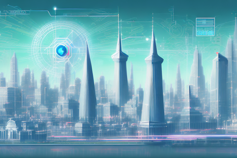 A digital cityscape with various symbolic buildings representing internet agencies