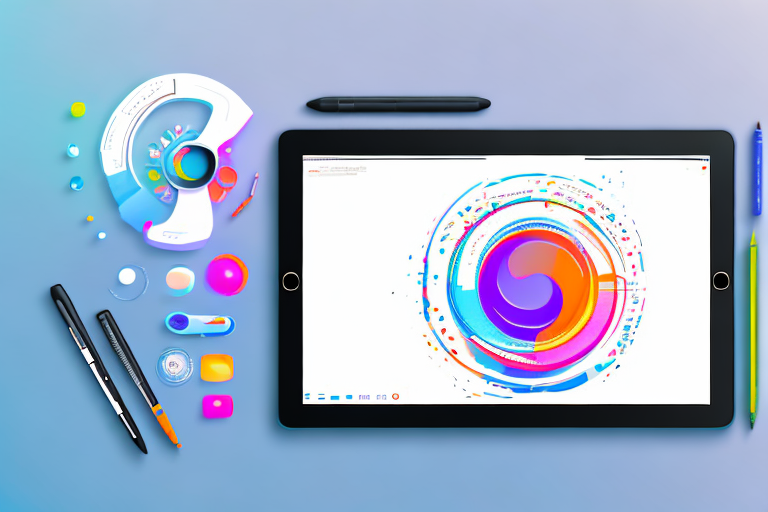 A digital tablet displaying a vibrant and modern web design layout