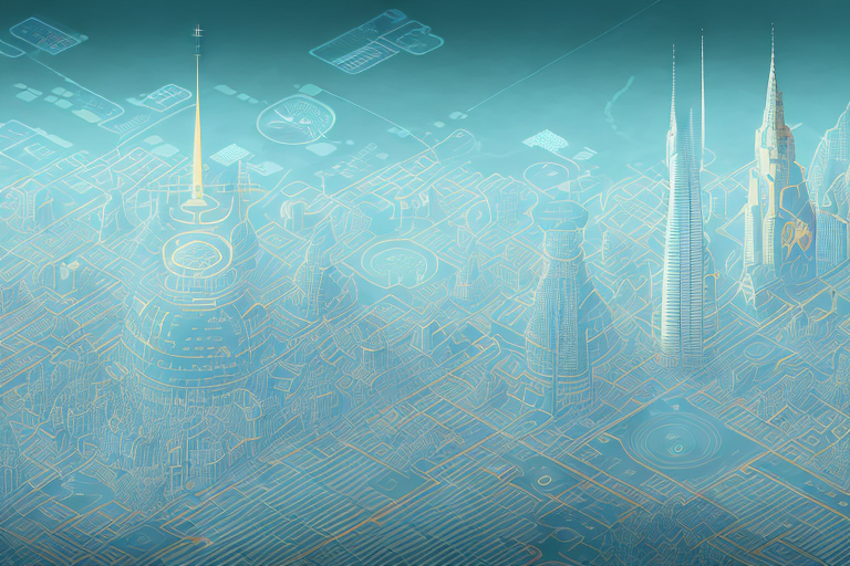 A digital cityscape with prominent internet symbols