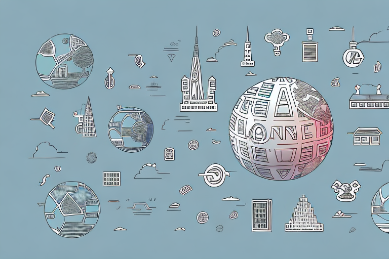 A cityscape of treben with various symbolic icons representing different aspects of internet agencies