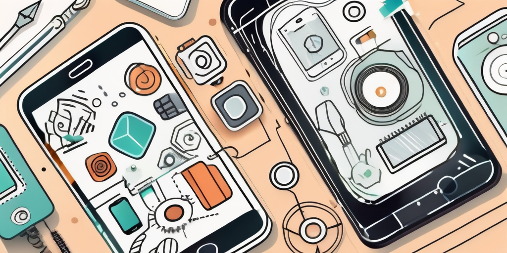 A smartphone with various app icons and tools around it