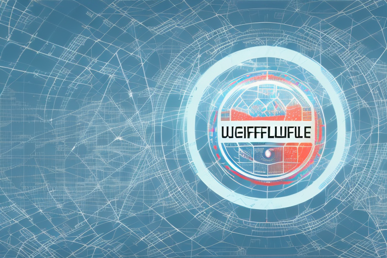 A digital landscape featuring various symbolic elements like a computer