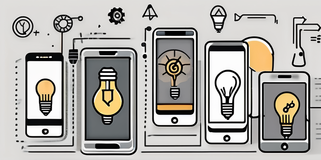 A smartphone with various stages of app development represented as icons