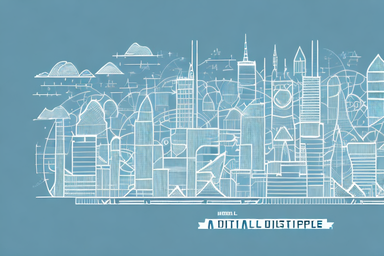 A digital cityscape with various symbolic internet icons