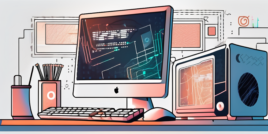 A workspace featuring a computer with code elements on the screen