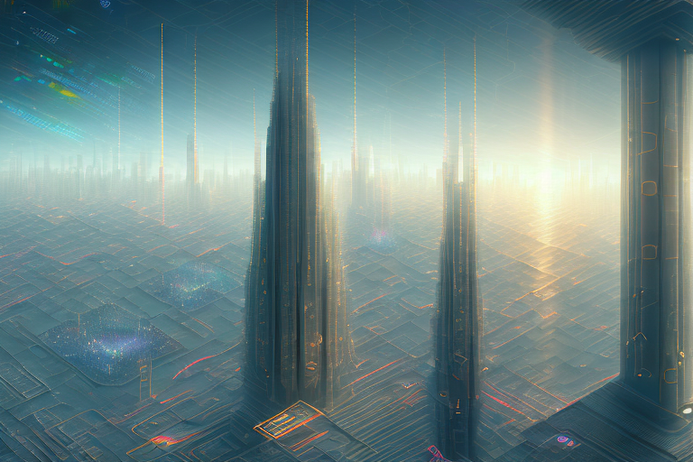 A digital cityscape with various symbolic internet and agency-related elements such as computer screens