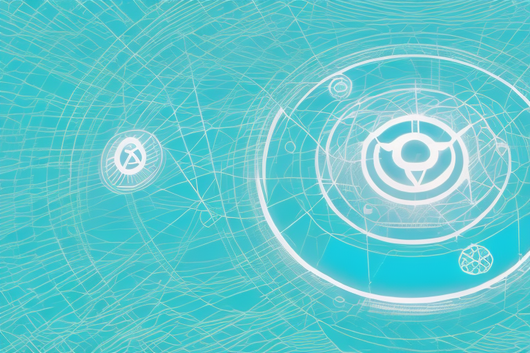 A serene lake surrounded by technology symbols