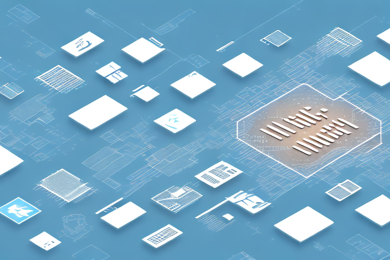 A digital cityscape showcasing various symbolic elements of internet agencies