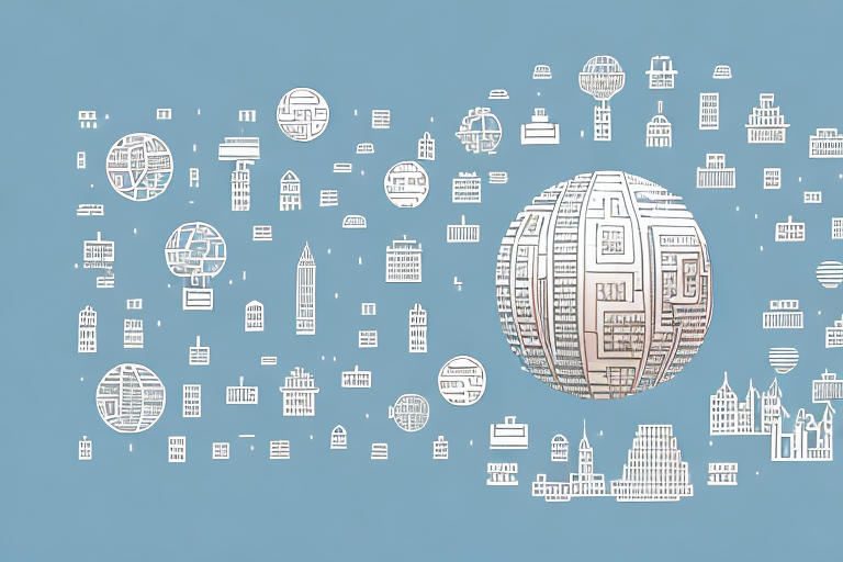 A cityscape of tegau with various symbolic icons representing internet and digital agencies