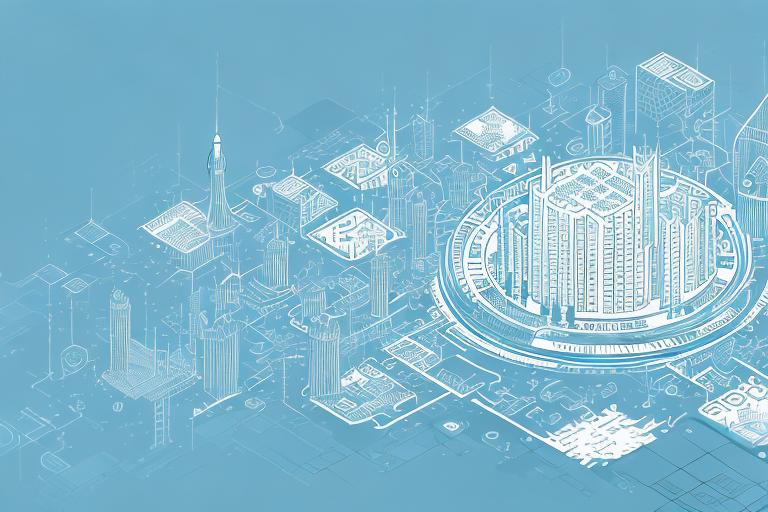 A cityscape representing thierstein with various symbols of digital technology like computers
