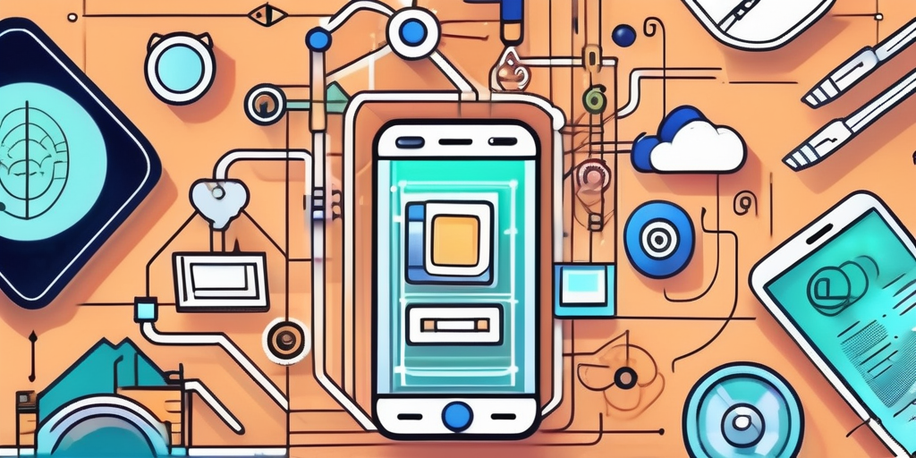 A smartphone displaying a vibrant and complex app development interface