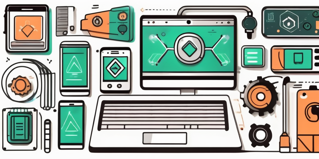 A smartphone surrounded by various app development tools and icons