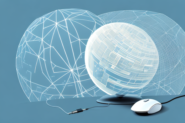 A digital cityscape with various symbolic elements like a globe