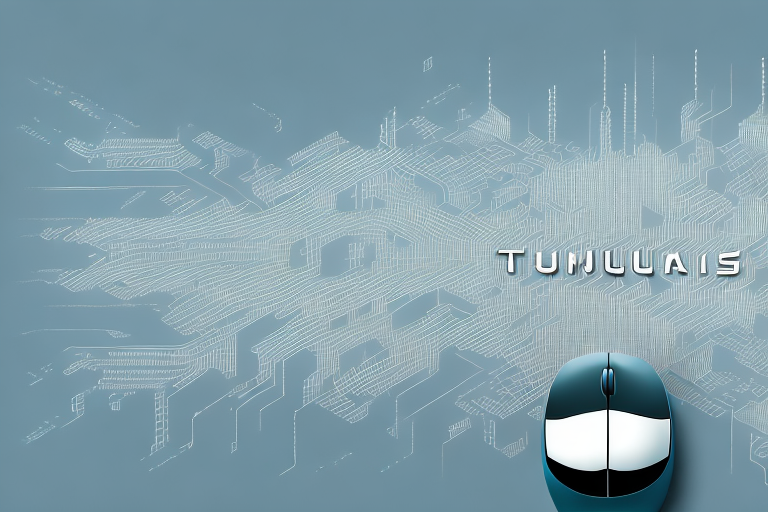 A digital cityscape with various symbolic elements like computer mouse