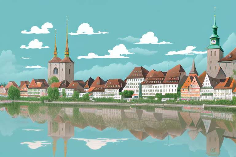 A scenic view of überlingen with symbolic digital elements like a mouse pointer