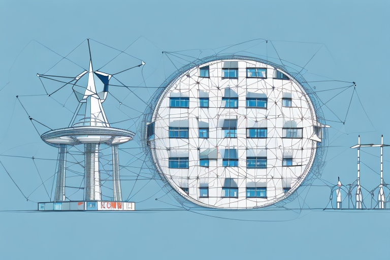 A modern office building with a large satellite dish on the roof