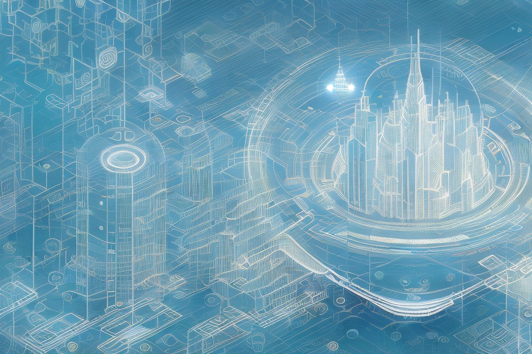 A digital cityscape with various symbolic internet and agency-related elements