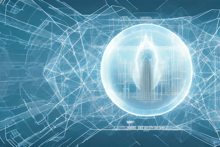 A digital landscape featuring various symbolic elements like a computer